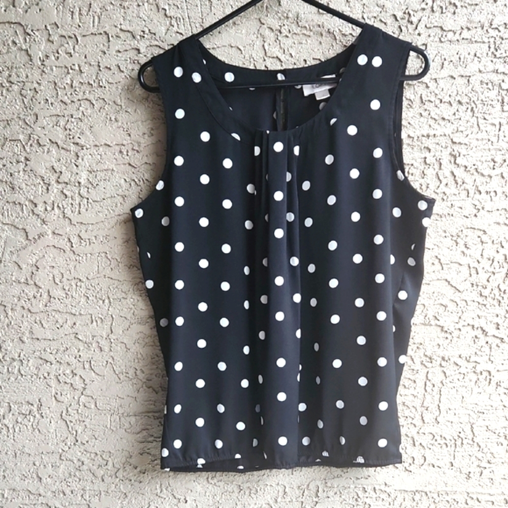 LOFT Black with Polka Dot Print Sleeveless Blouse with Bib Collar Size Medium
